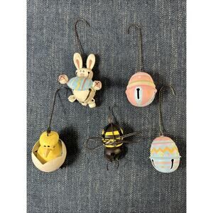 Easter Decor Lot Tree Ornaments Metal Bells Bee Bunny Chick Eggs Rustic Cottage